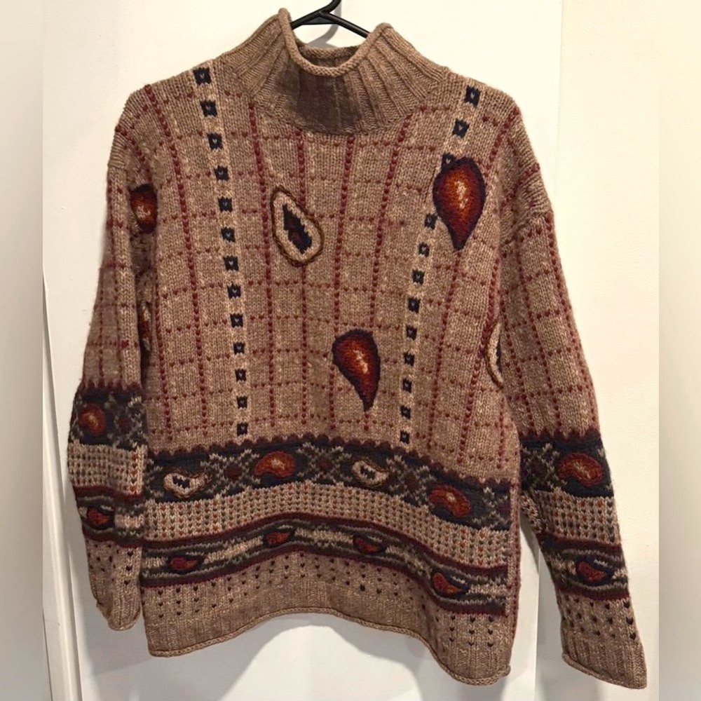 Vintage Shetland Wool Sweater Point zero stripe leaf print beige red roll neck S